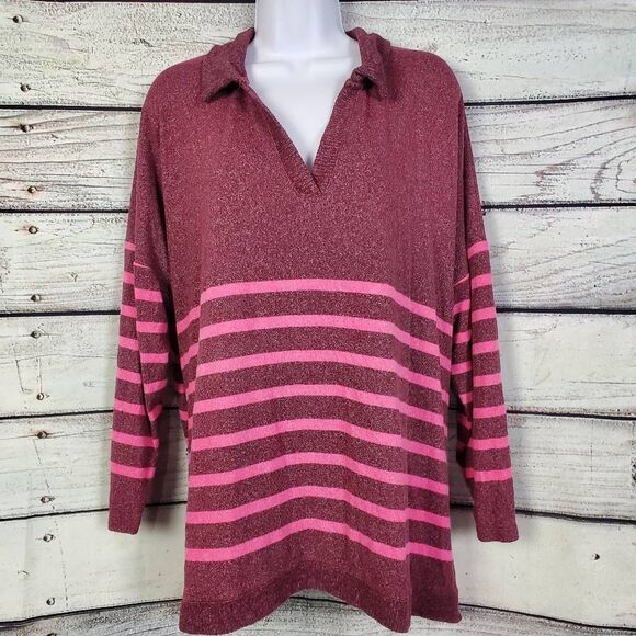Maurices Women’s Plus 1X Burgundy Striped Collared Long Sleeve Top - Picture 1 of 7